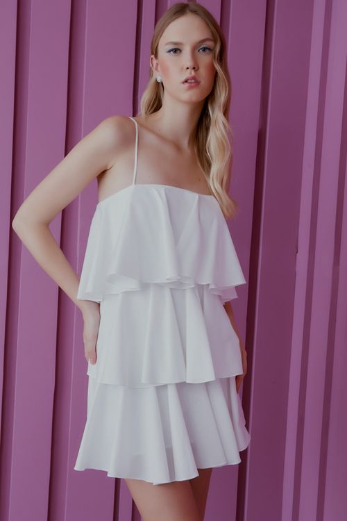 Vestido Tricoline Três Babados - Off White