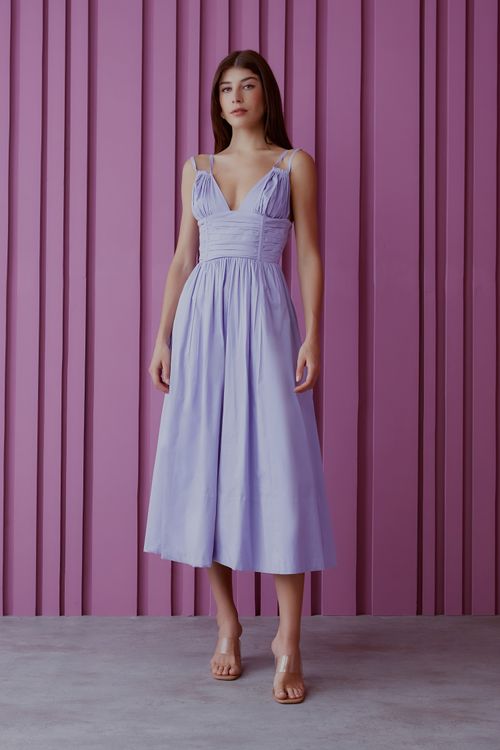 Vestido Midi Tricoline Franzido - Lavanda