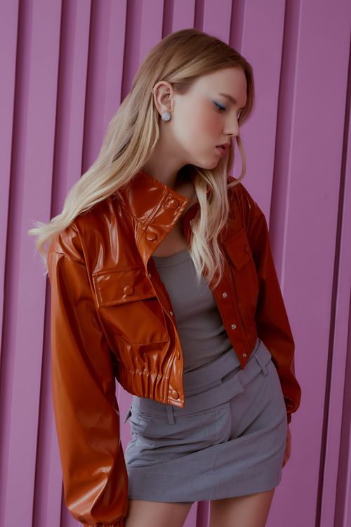 Jaqueta Veggy Vinil Botões Pressão - Canela