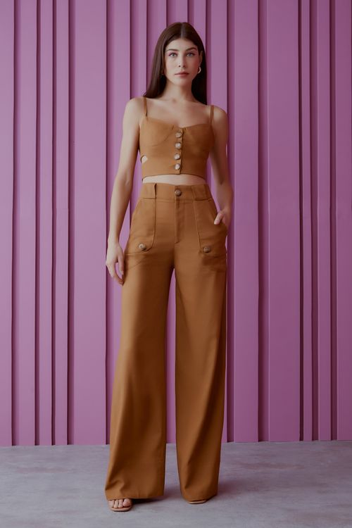 Calça Linho Lapelas Botões - Canela