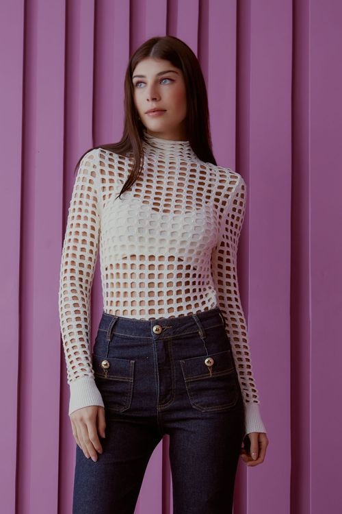 Blusa Tricot Tela Com Top - Off White