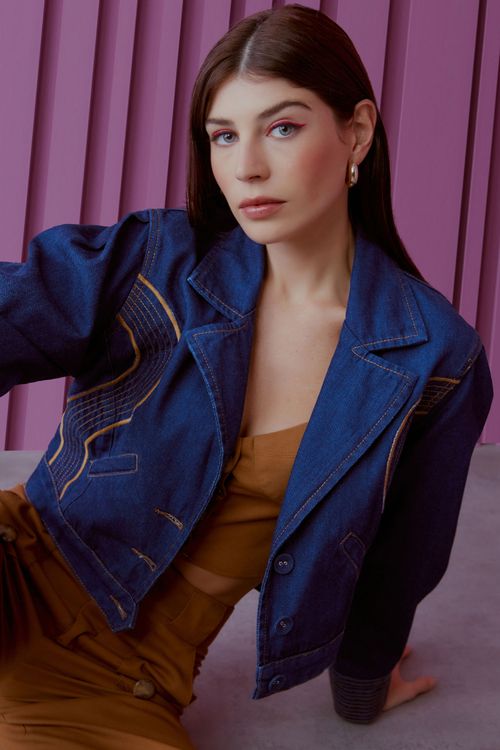 Jaqueta Jeans Intense Blue Bordada - Jeans Escuro