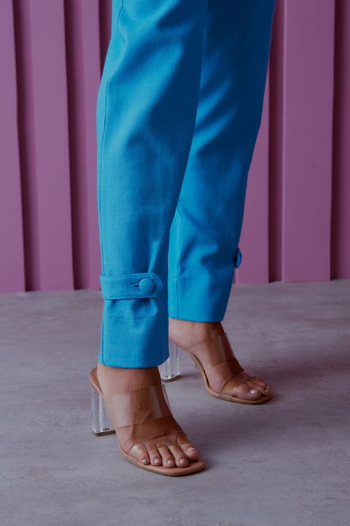 Calça Linho Sarjado Aleta - Azul Cerâmica