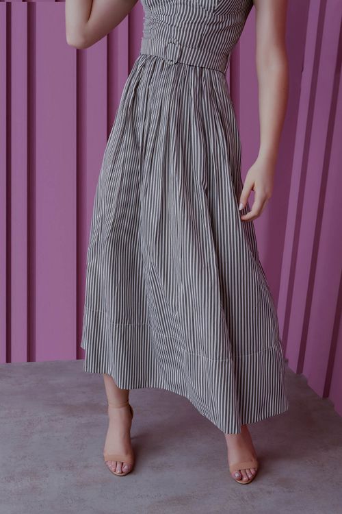 Vestido Tricoline Listra Detalhe Cinto - Off White