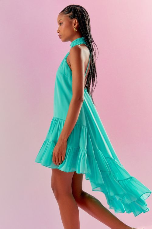 Vestido Musseline Gola Trança Mullets - Oceano