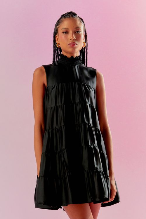 Vestido Godê Franzidos Gola Frufru - Preto