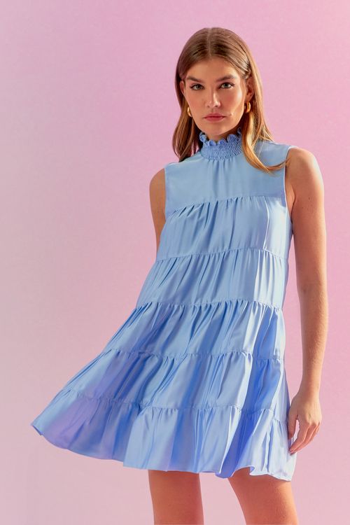 Vestido Godê Franzidos Gola Frufru - Sky