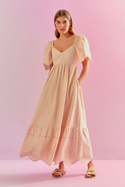 Vestido Linen Manga Bufante Rechilieu - Pérola