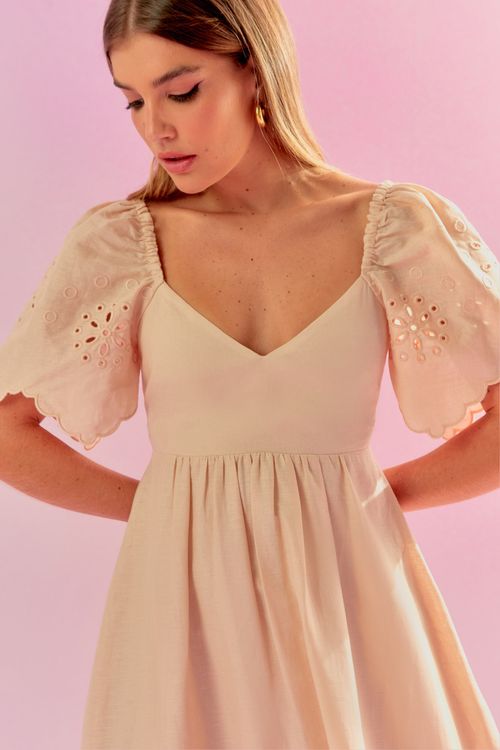 Vestido Linen Manga Bufante Rechilieu - Pérola