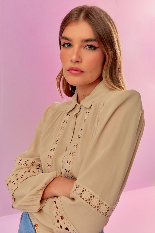 Camisa Georgette Rendas Crochet - Pérola