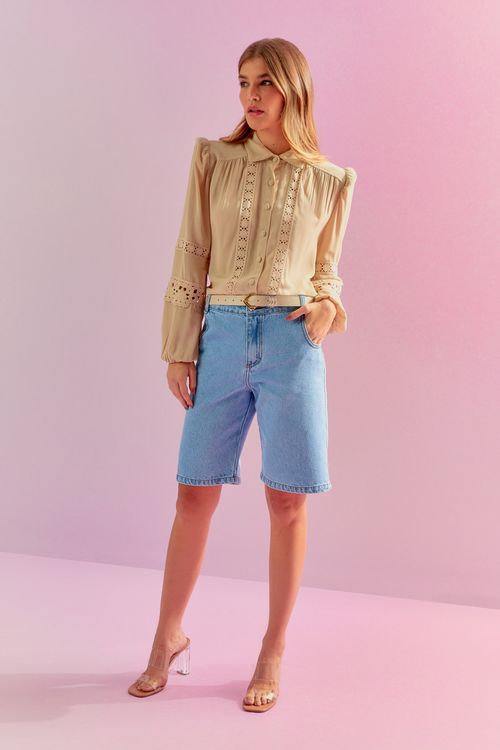 Camisa Georgette Rendas Crochet - Pérola