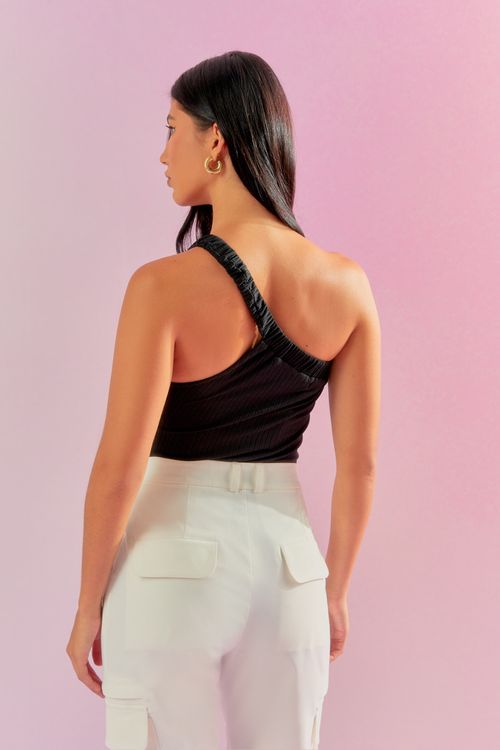 Body Malha Canelada Um Ombro - Preto