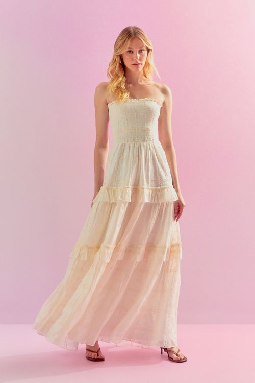 Vestido Liocel Bordado Lastex - Off White