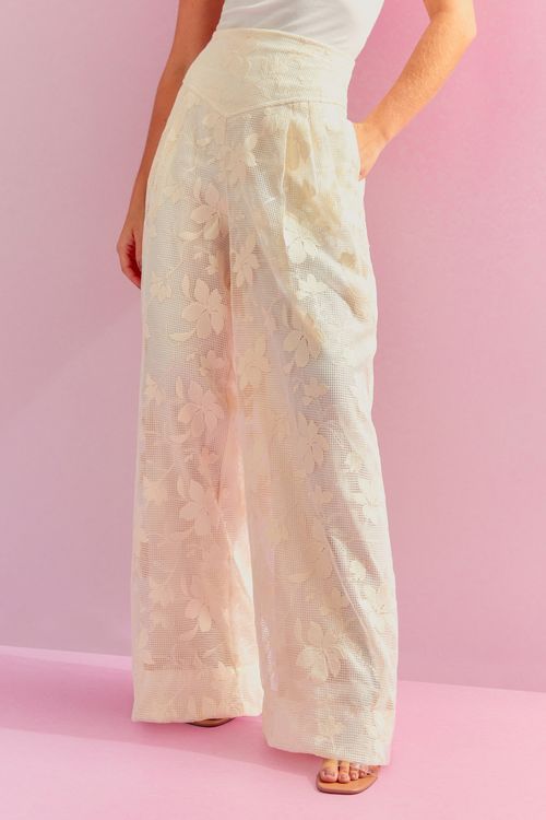 Calça Tela Floral - Off White