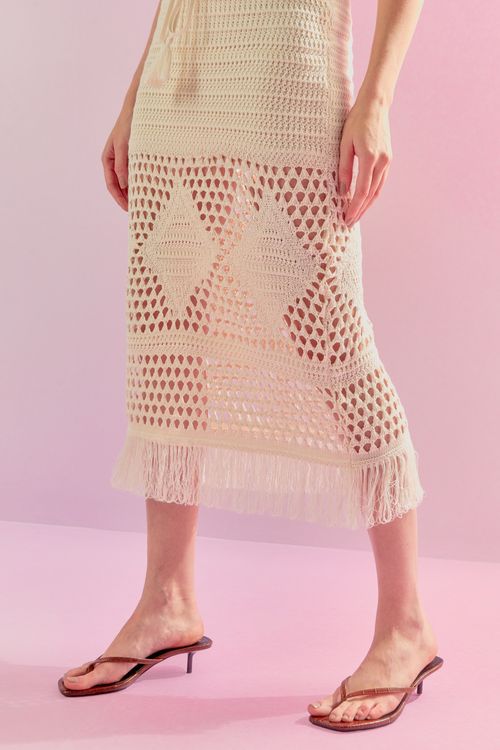 Saia Tricot Rendado Losango e Franjas - Off White