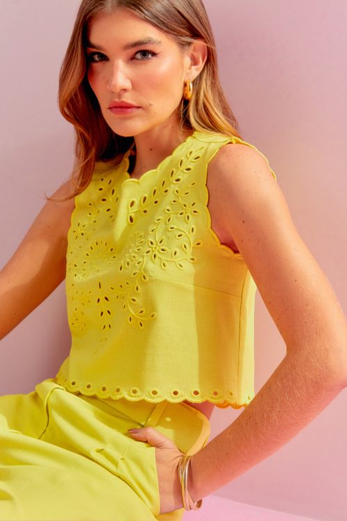 Blusa Linho Richelieu Floral - Sunkiss