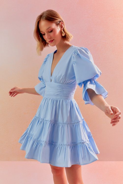 Vestido Cotton Paper Manga Bufante - Sky
