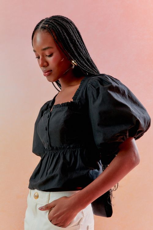 Blusa Cotton Paper Manga Bufante - Preto
