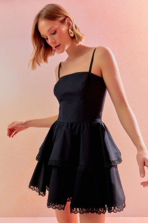 Vestido Cotton Babados Renda - Preto