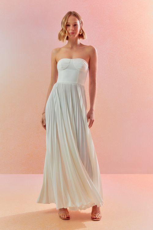 Vestido Midi Crepe Plissado - Off White