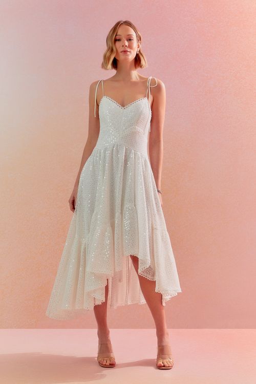 Vestido Pontas Tela Micro Paetê - Off White