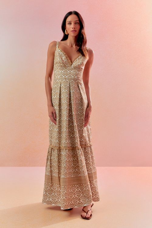 Vestido Bordado Hermetage Decote Renda - Off White