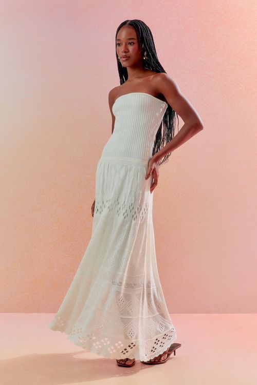 Vestido Tricot Rendado Sem Alça - Off White