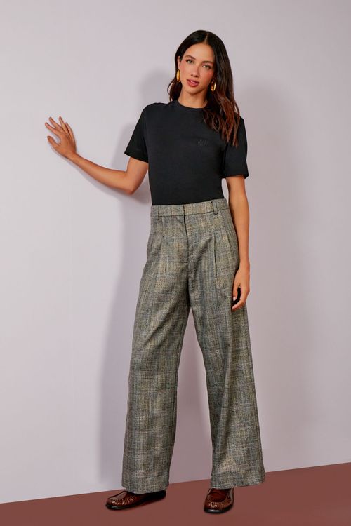 Calça Pregas Príncipe De Galles Metallic - Cocoa