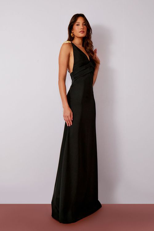 Vestido Crepe Alça Metal Croco - Preto