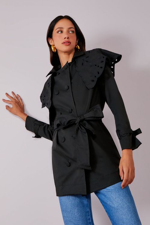 Casaco Trench Coat Bordado - Preto