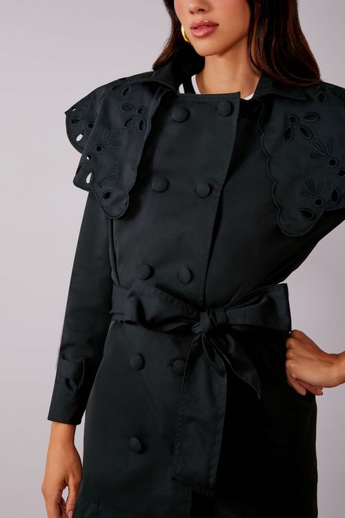 Casaco Trench Coat Bordado - Preto