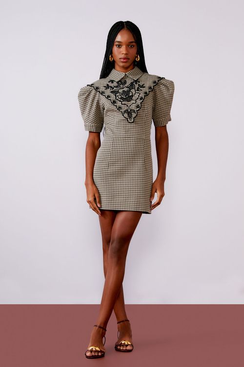 Vestido Tweed Escocês Gola Bordada - Vanilla