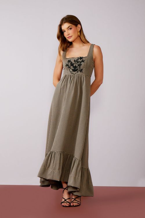 Vestido Longo Xadrez Escocês Bordado - Vanilla
