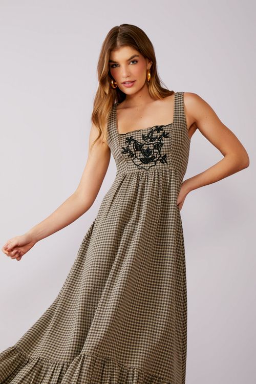 Vestido Longo Xadrez Escocês Bordado - Vanilla
