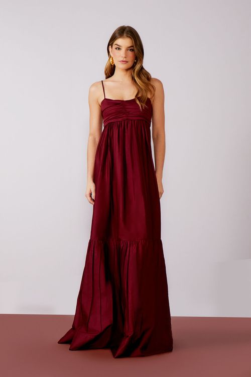 Vestido Cotton Acetinado Decote Franzido - Merlot