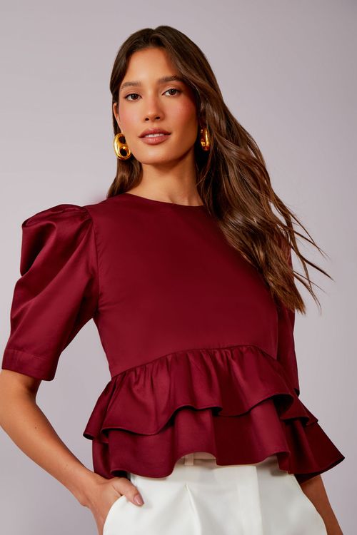 Blusa Manga Bufante Acetinada - Merlot