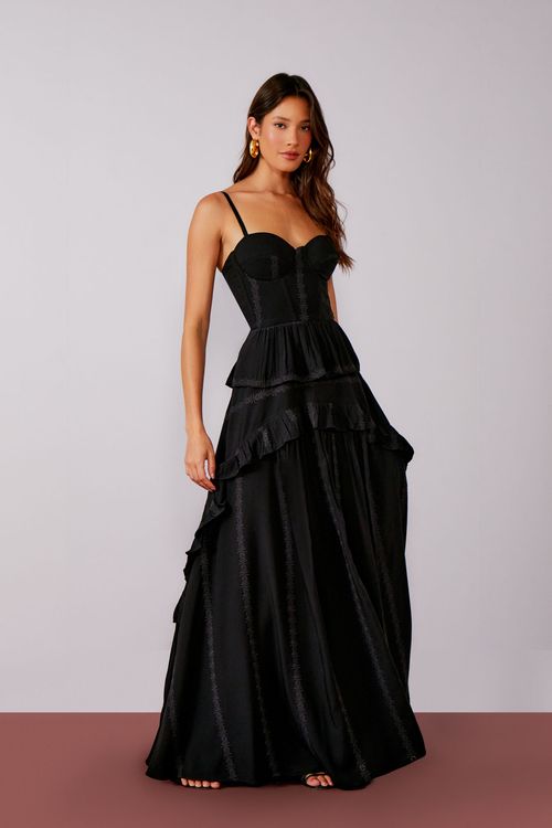 Vestido Bojo Estruturado Viscose Bordada - Preto