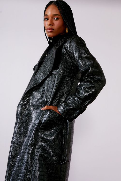 Casaco Trench Coat Couro Croco Sintético - Preto