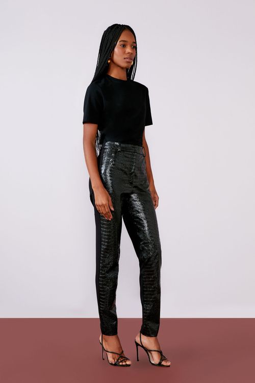 Calça Couro Croco Sintético Malha Costas - Preto