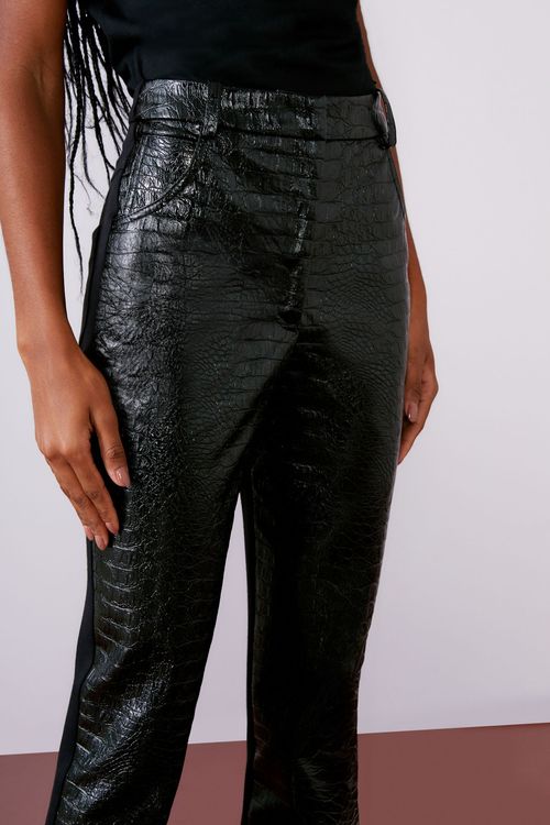 Calça Couro Croco Sintético Malha Costas - Preto