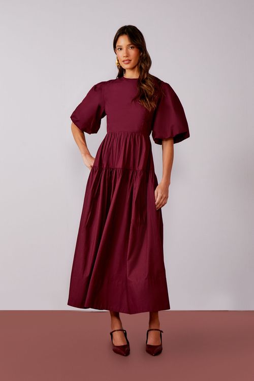 Vestido Tricoline Laço Costas - Merlot