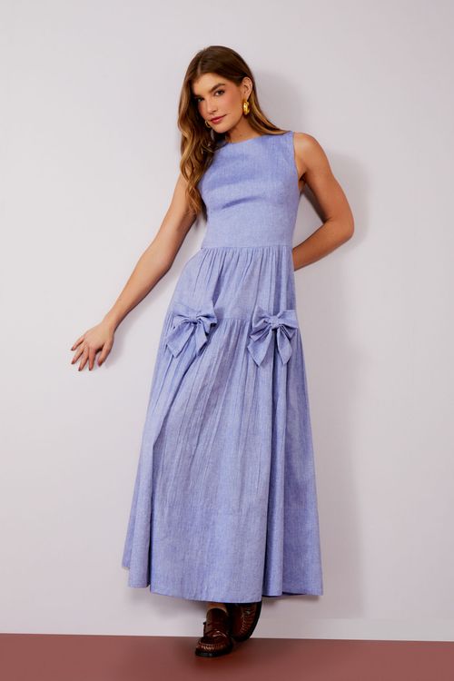 Vestido Tricoline Mescla Broche Laços - Galactic