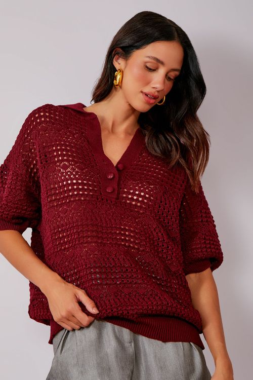Blusão Polo Tricot Rendada - Merlot