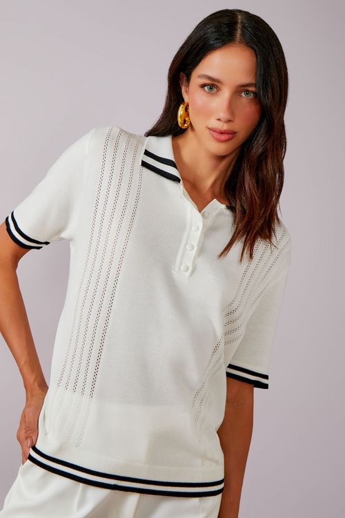 Blusa Tricot Polo Pontilhado - Off White