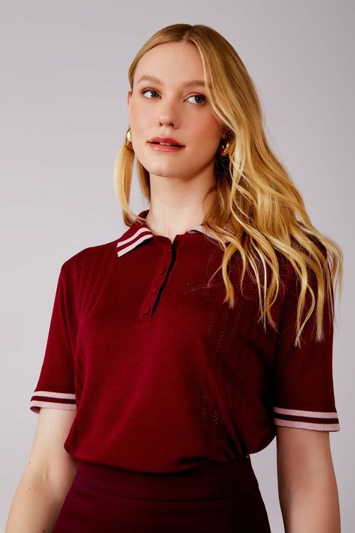 Blusa Tricot Polo Pontilhado - Merlot