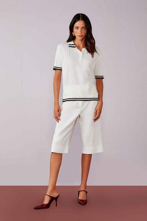Blusa Tricot Polo Pontilhado - Off White