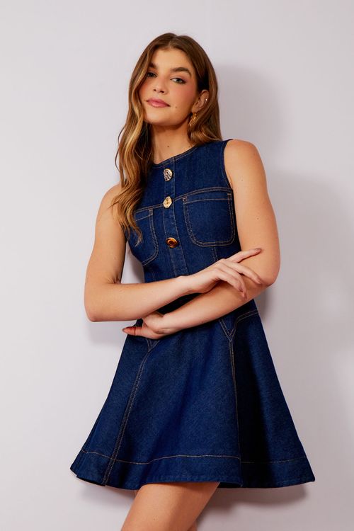 Vestido Blue Jeans Recortes Godê - Jeans Escuro