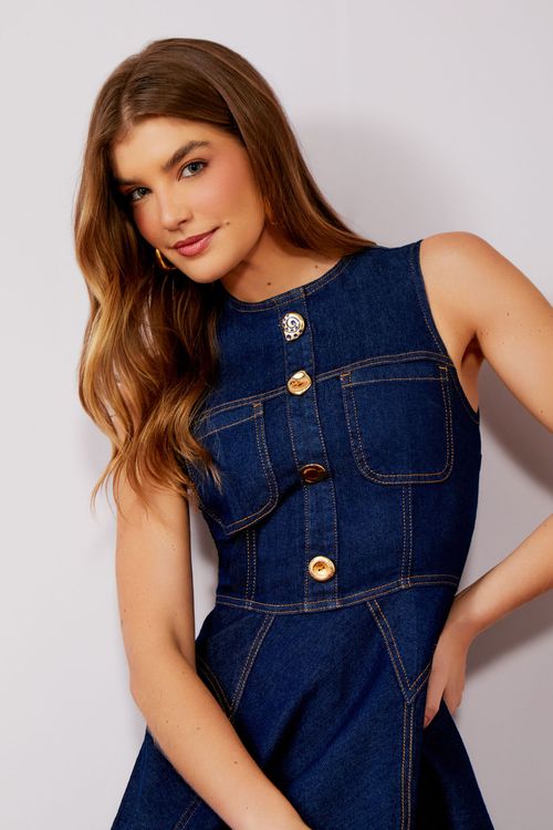 Vestido Blue Jeans Recortes Godê - Jeans Escuro