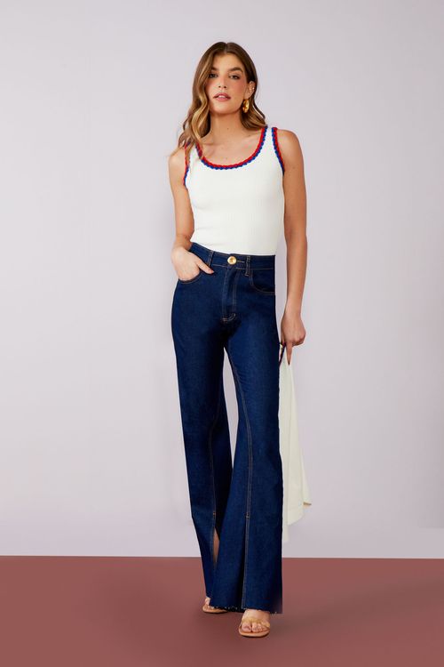 Calça Blue Jeans Fenda Ocre - Jeans Escuro