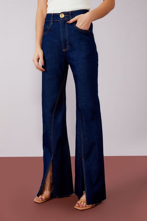 Calça Blue Jeans Fenda Ocre - Jeans Escuro